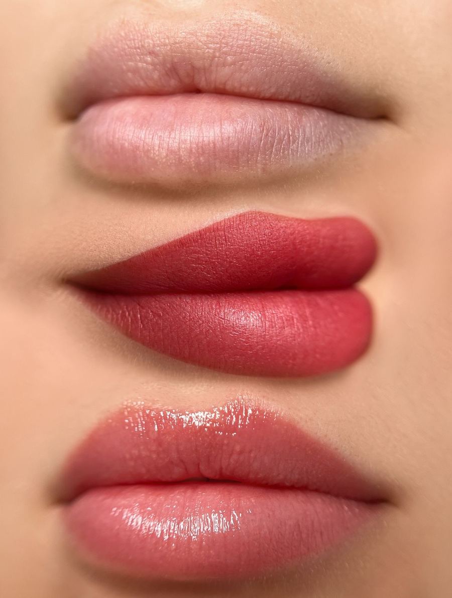 Lips before the procedure, right after Lip Blush, and healed